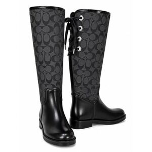 Coach Tristee Signature Rain Boots Black Graphite Lace Up Tall A7431 Size 7M